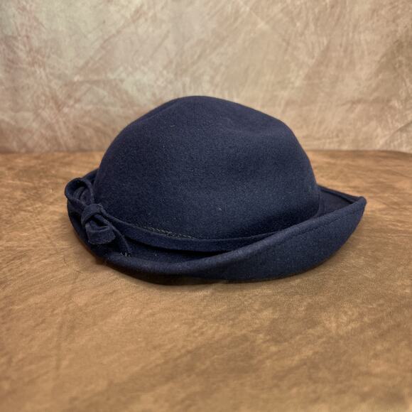 Vintage 40s Haverhill Bradford Corp Navy Bent Brim Wool Derby Hat Bow Round Top - Picture 10 of 11